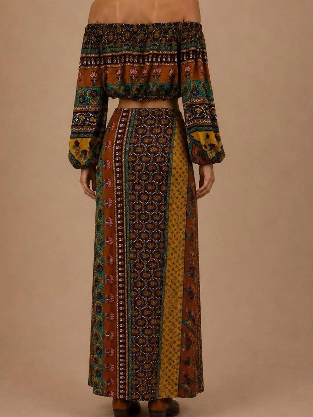 Novella Royal Boho 2 Piece Set Small Patchwork Maxi Skirt Crop Top Festival Y2K